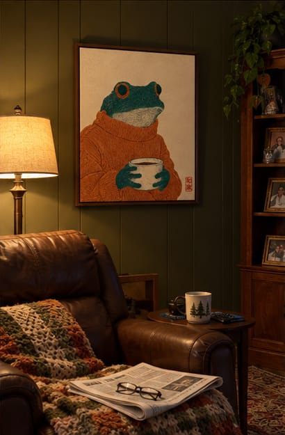 Customer photo review of Cozy Frog with Coffee Canvas Wall Art
