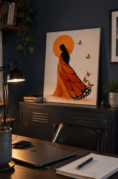 Customer photo review of Orange Butterfly Dress Woman Canvas Wall Art
