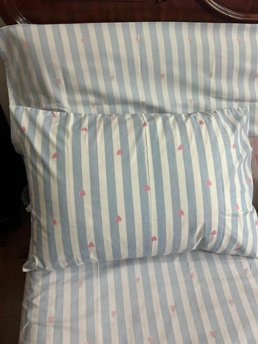 Customer's Luxurious Plain Hotel Pillow with blue striped cover featuring tiny pink heart details on a bed.