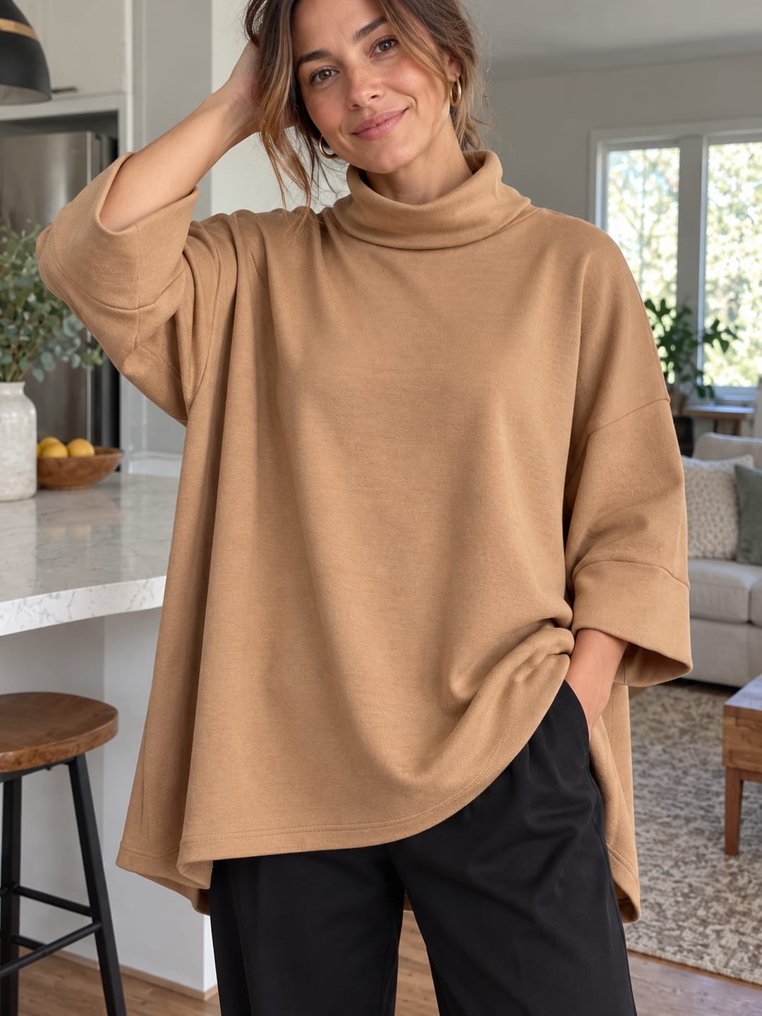 Customer photo review of Solid Color Three-quarter Sleeves Loose High-neck Sweatshirt Tops