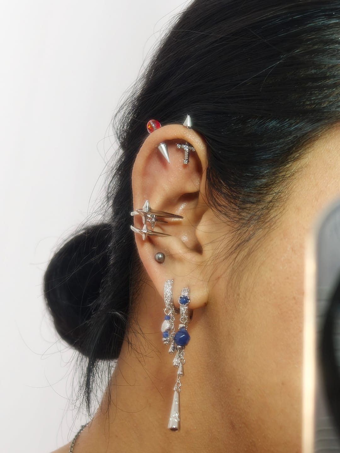 Customer photo review of "MIAO" Platinum Plated Blue Stone Tassel Hoop Earrings