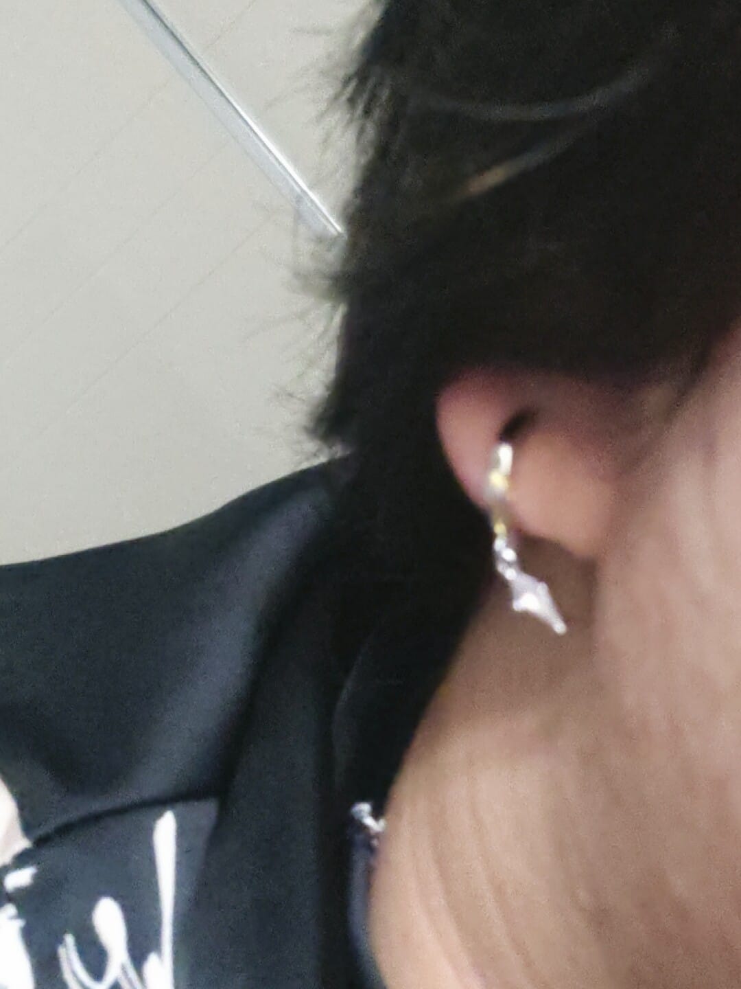 Customer photo review of "Knight's Oath" 18K Gold Plated Sword Dangle Hoop Earrings