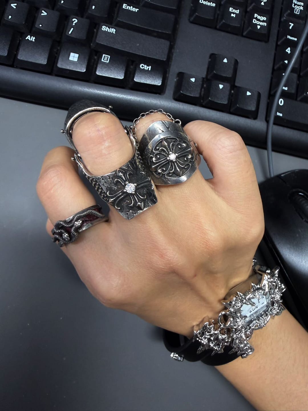 Customer photo review of "Irises" Platinum Plated Gothic Chain Signet and Armor Ring