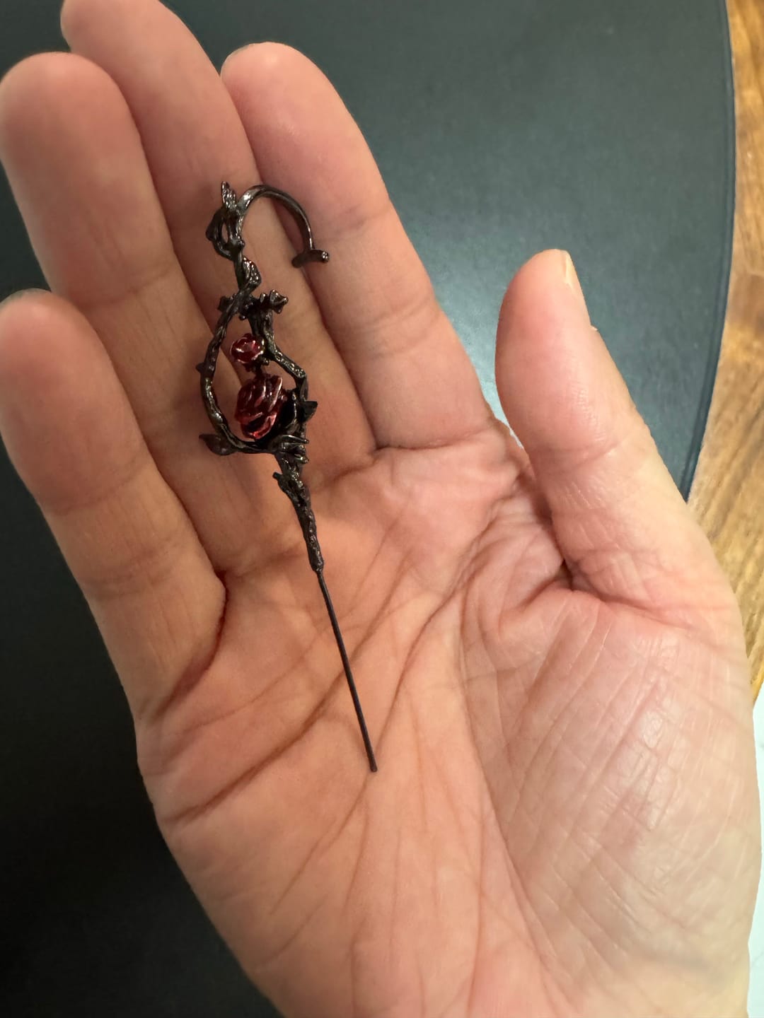 Customer photo review of "TWILIGHT ROSE" Black Gold Plated Gothic Rose Statement Drop Needle Piercing Earring