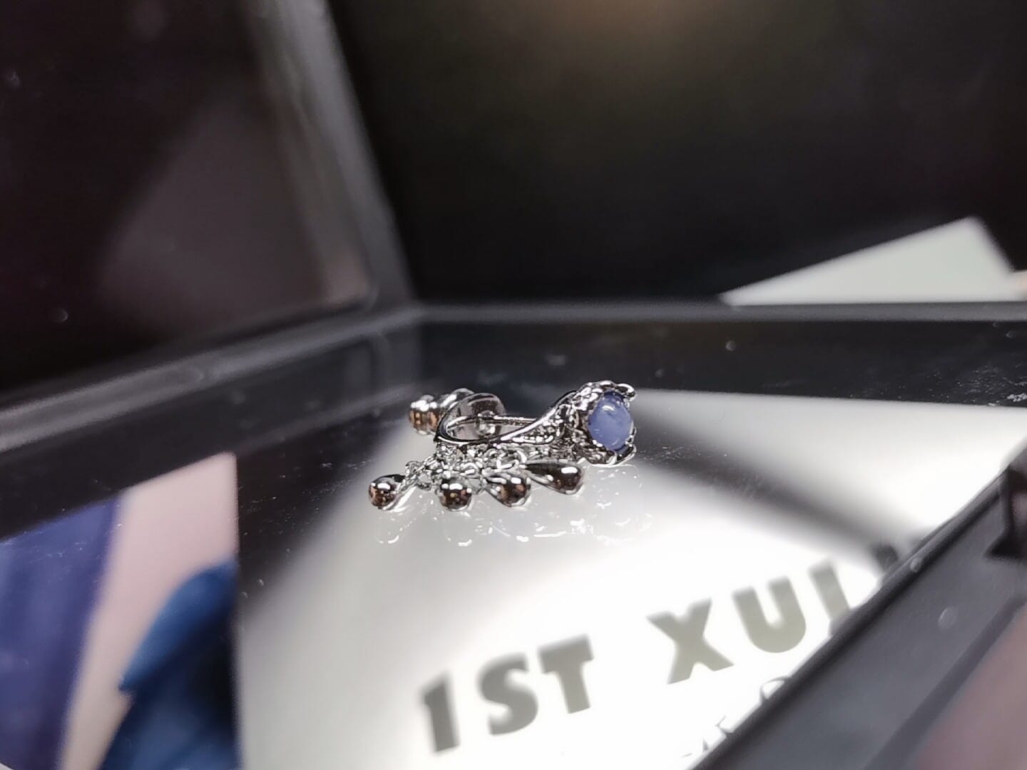 Customer photo review of "MIAO" Platinum Plated Ethnic Dangle Sodalite Crescent Drop Earrings