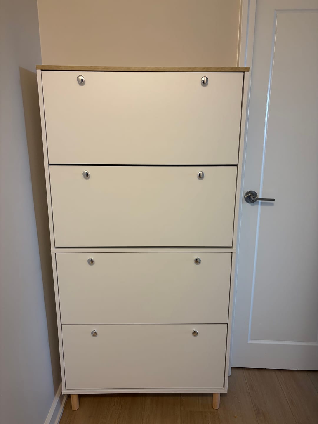 Customer photo review of Narrow Shoe Cabinet - 4 Flip Drawers White & Oak Finish