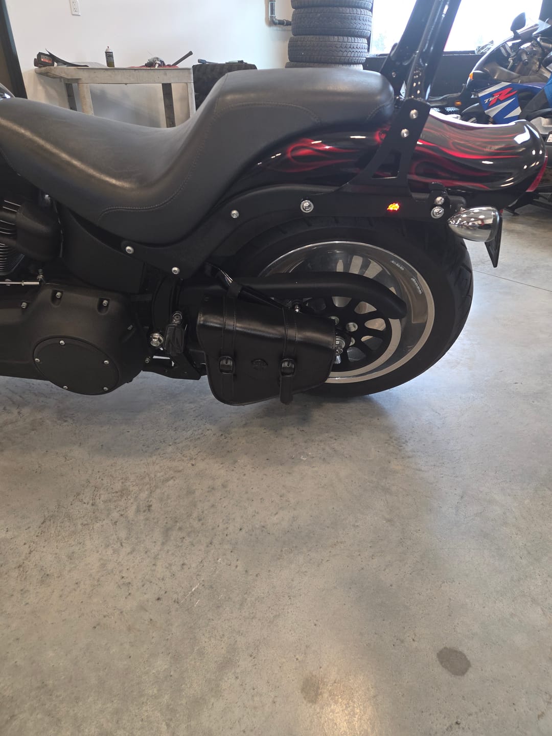 Customer photo review of 3L - Dark Age Plain Leather Motorcycle Swing arm Bag For Harley Softail