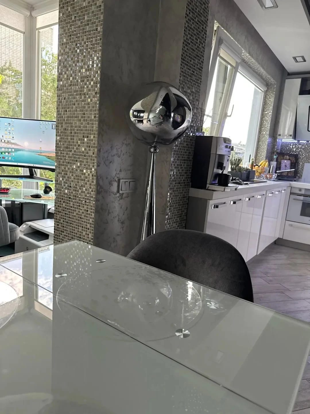 Customer photo review of Floor Lamp, Distorted Acrylic Shade, Conical Steel Stem, 145–155 cm