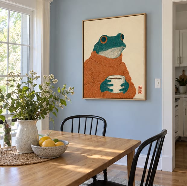 Customer photo review of Cozy Frog with Coffee Canvas Wall Art
