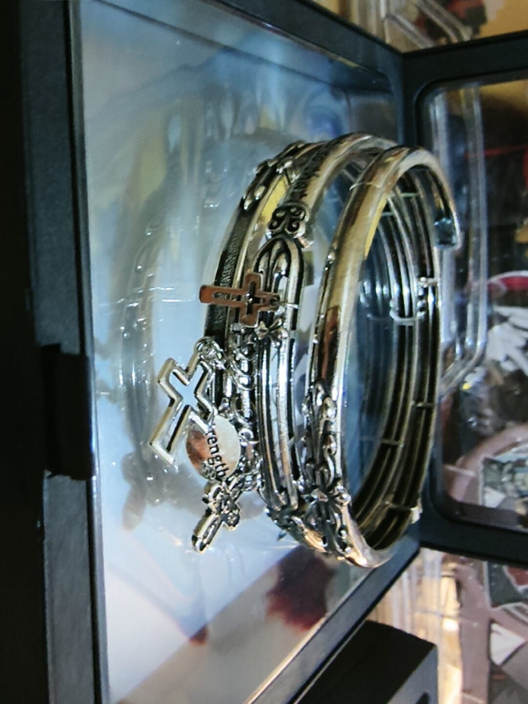 Customer photo review of "Irises" Rhodium Plated Vintage Oxidized Cross Cuff Bangle, Statement Cuff Bracelet