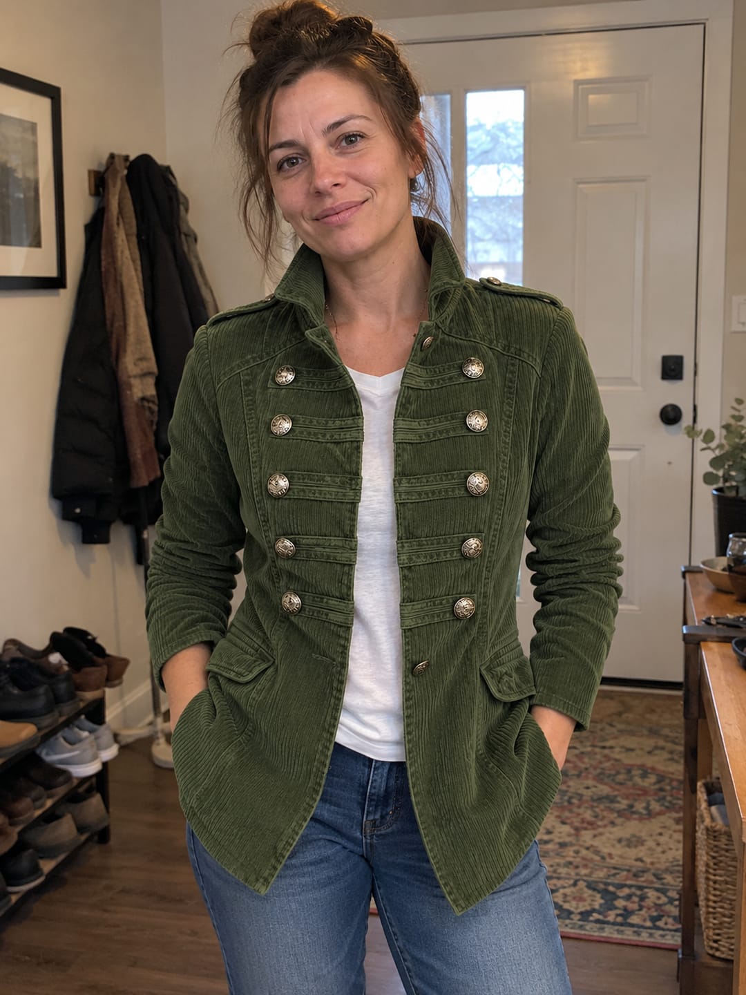 Customer photo review of Split-Joint Solid Color Buttoned Long Sleeves Stand Collar Outerwear