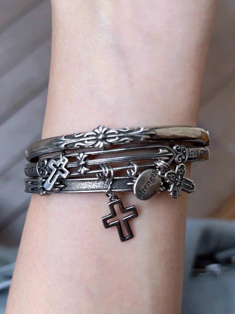 Customer photo review of "Irises" Rhodium Plated Vintage Oxidized Cross Cuff Bangle, Statement Cuff Bracelet