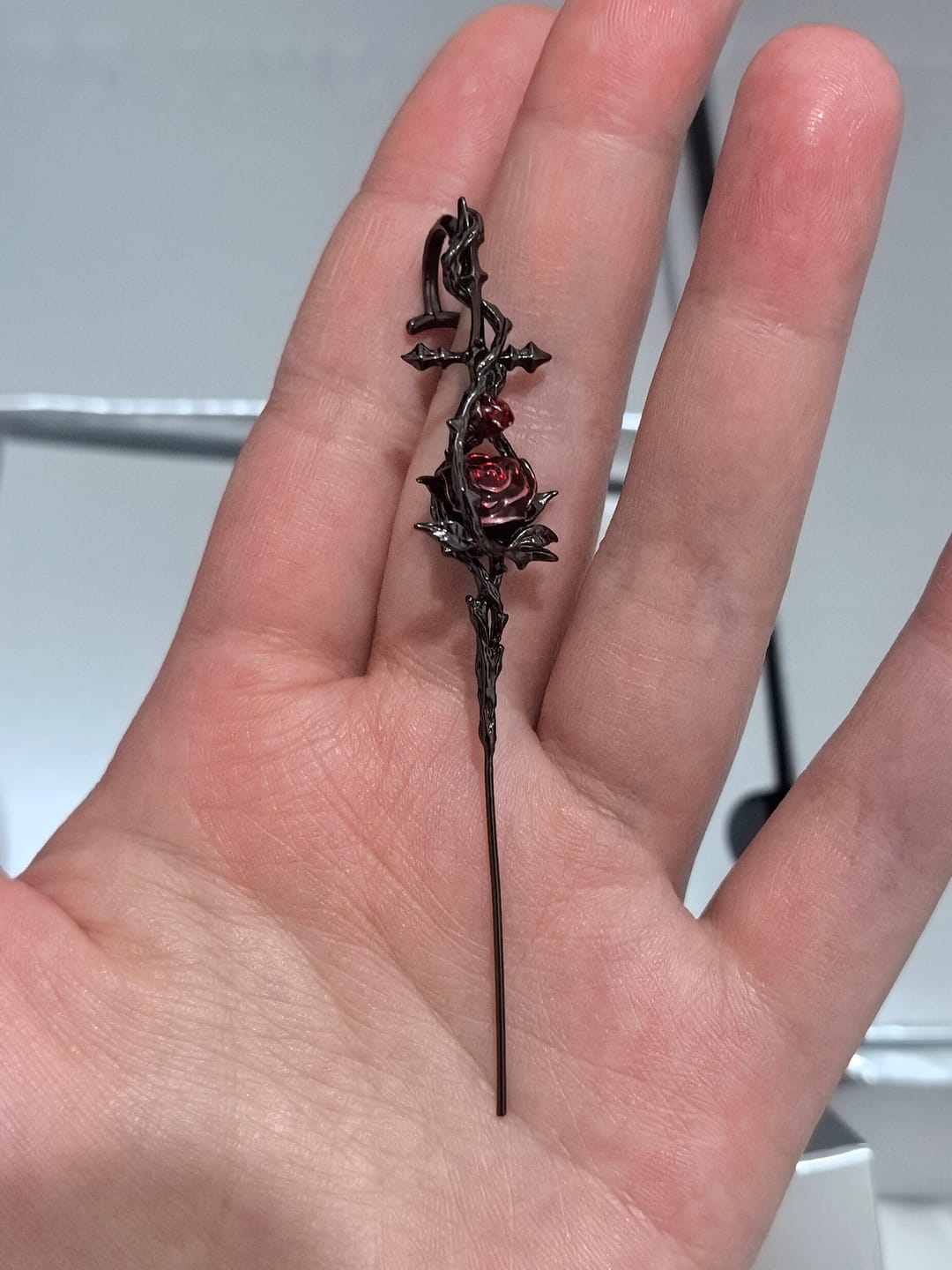 Customer photo review of "TWILIGHT ROSE" Black Gold Plated Gothic Rose Statement Drop Needle Piercing Earring