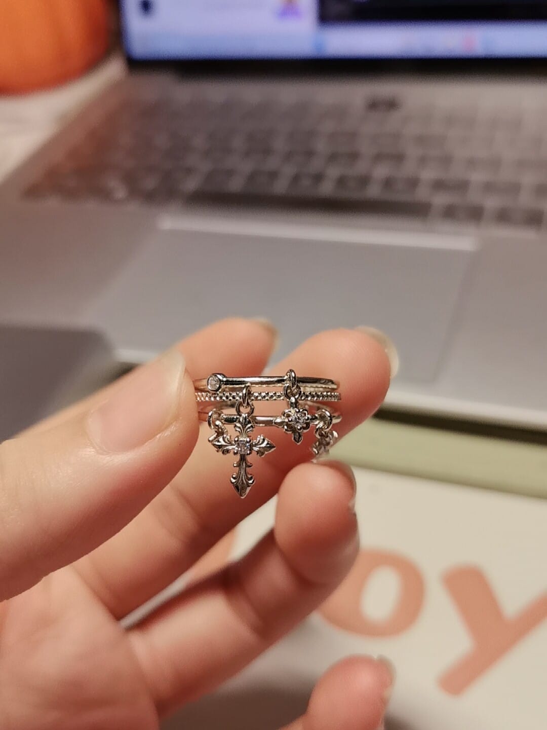 Customer photo review of "Bastet" 14K Gold Plated Iris Dangle Adjustable Ring, Statement Floral Jewelry