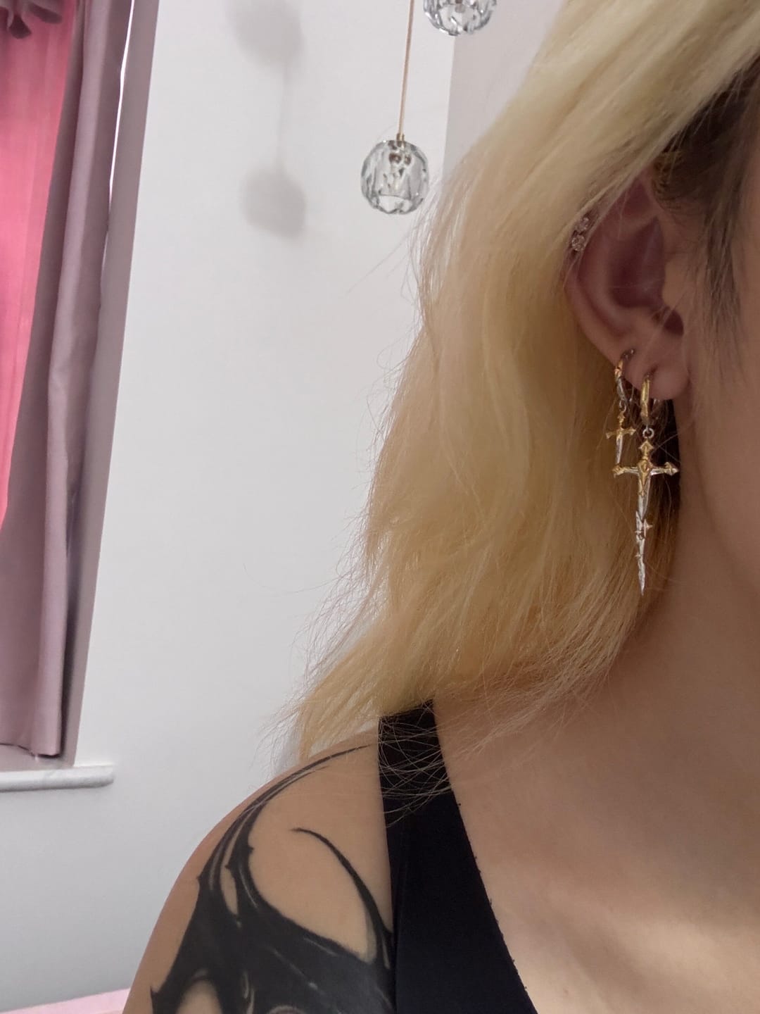 Customer photo review of "Knight's Oath" 18K Gold Plated Sword Dangle Hoop Earrings