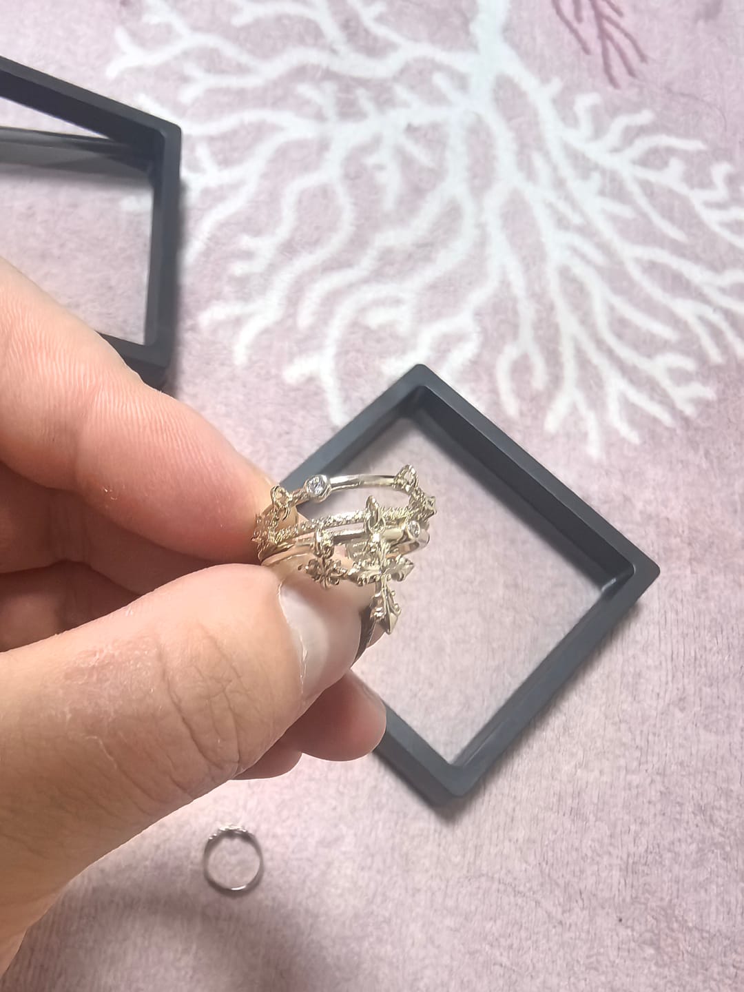 Customer photo review of "Bastet" 14K Gold Plated Iris Dangle Adjustable Ring, Statement Floral Jewelry