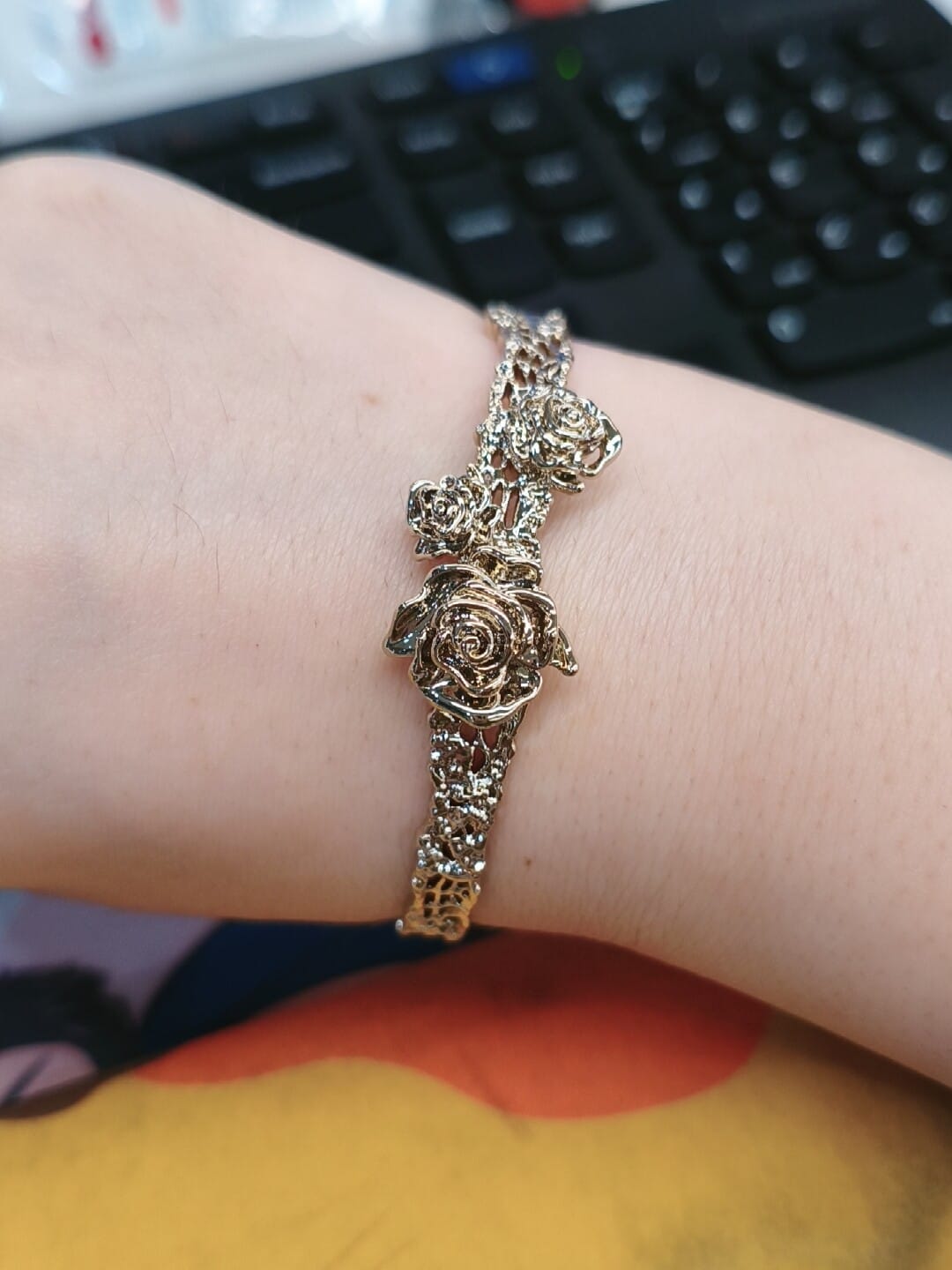 Customer photo review of "Lace Rose" 14K Gold Plated Victorian Lace Rose Tassel Charm Bracelet
