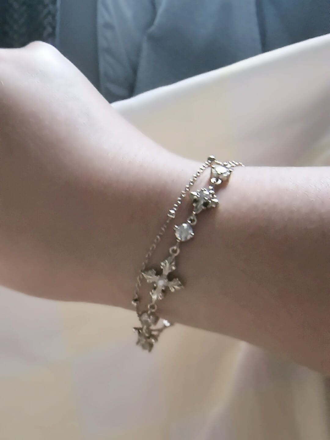 Customer photo review of "Bastet" 14K Gold Plated Layered Iris Zirconia Charm Bracelet