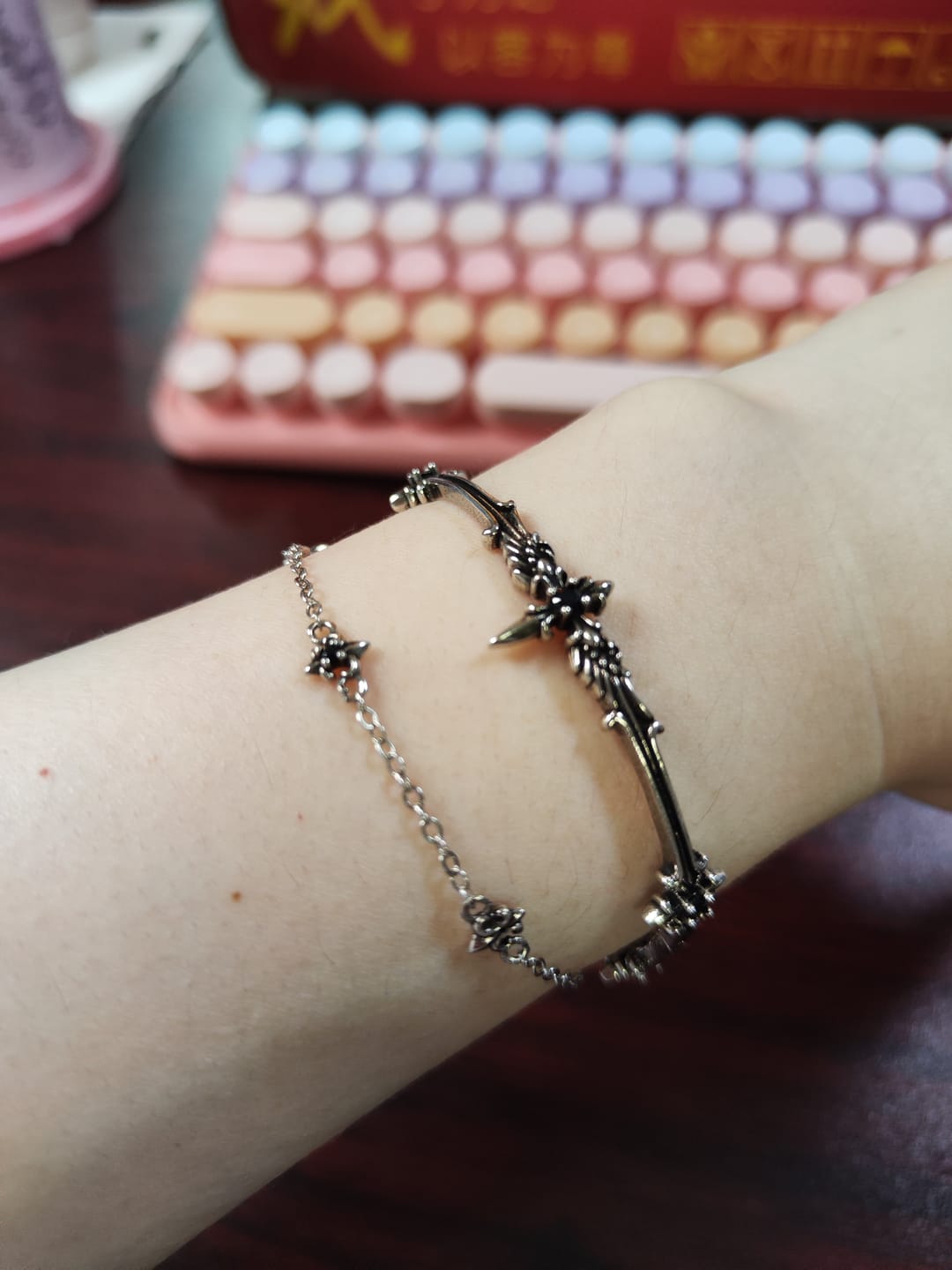 Customer photo review of "FALLEN ANGEL" Antiqued Silver Plated Vintage Fallen Angel Bangle, Statement Bracelet