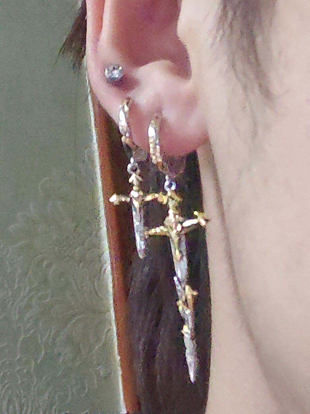 Customer photo review of "Knight's Oath" 18K Gold Plated Sword Dangle Hoop Earrings