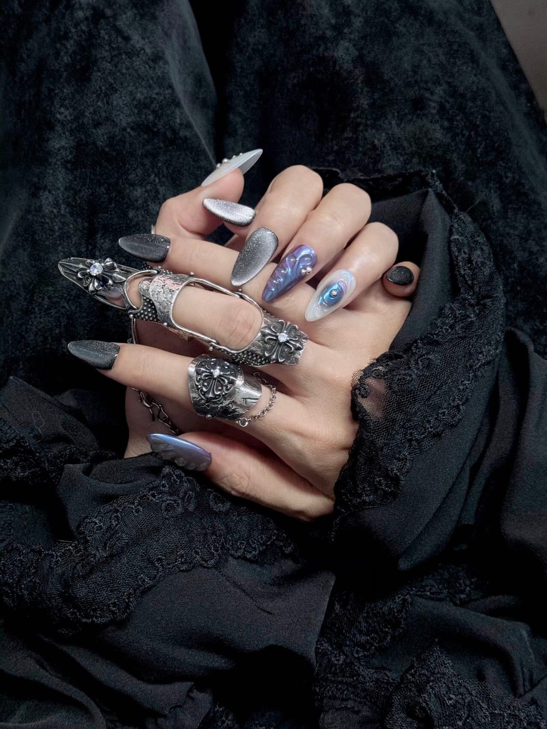 Customer photo review of "Irises" Platinum Plated Gothic Chain Signet and Armor Ring