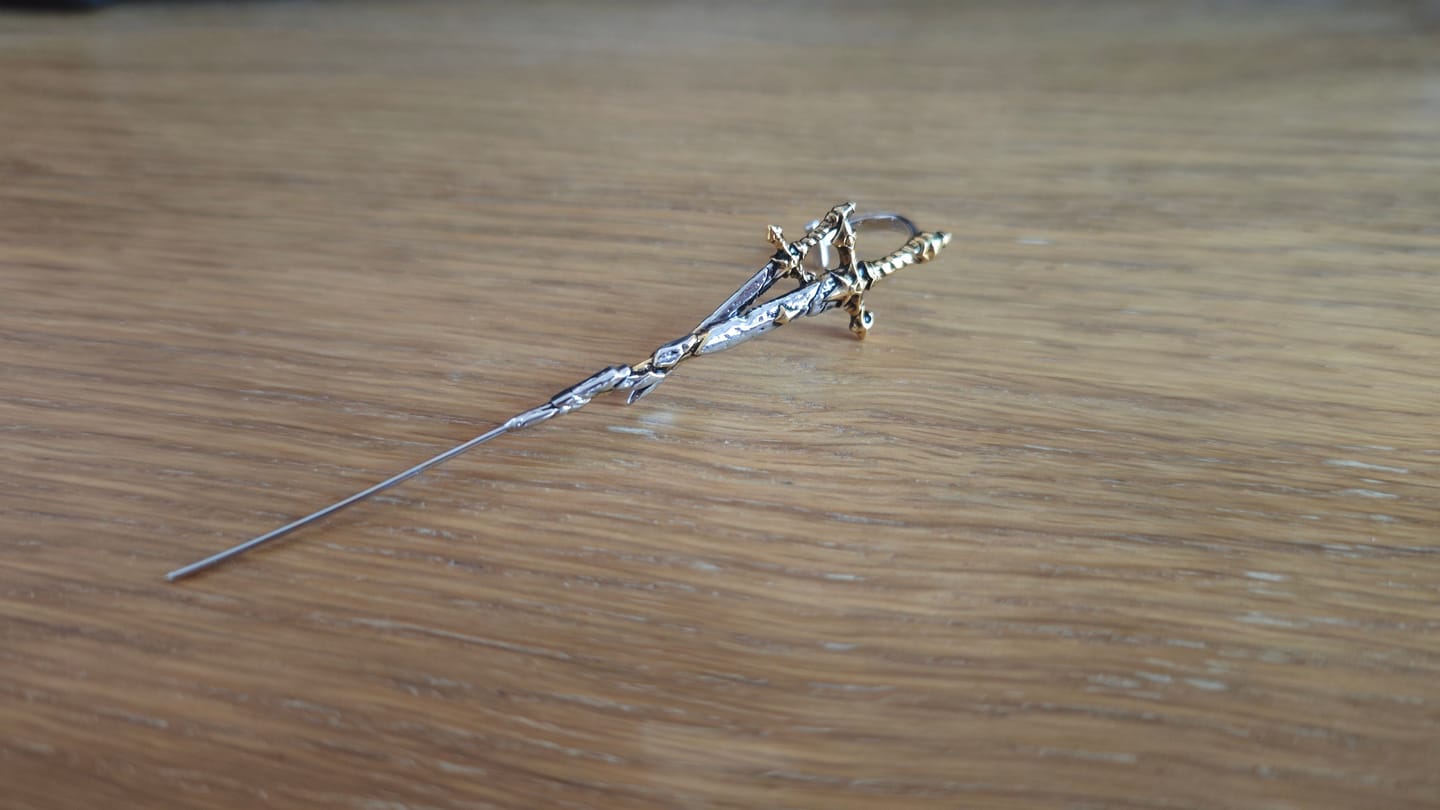Customer photo review of "Knight's Oath" 18K Gold Plated Sword Needle Piercing Earring, Vintage Dangle Earring