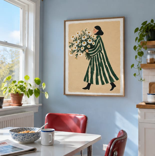 Customer photo review of Woman with Daisy Bouquet Canvas Wall Art