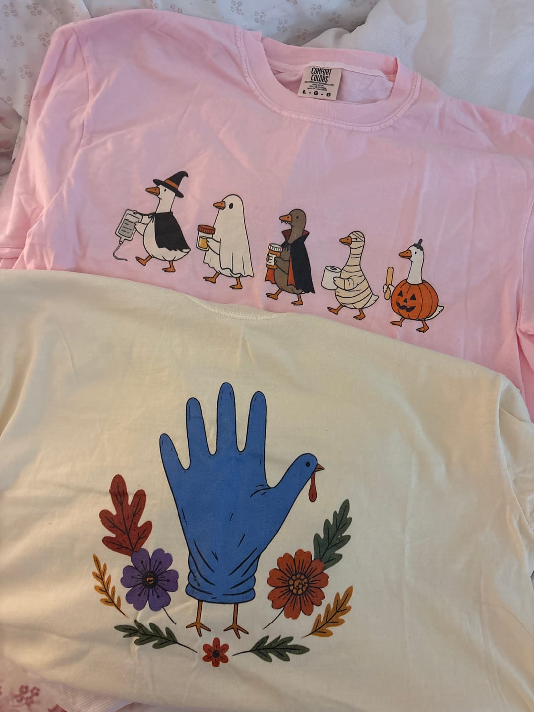 Customer photo review of Geese in Halloween Costumes Holding Medical Items T-shirt