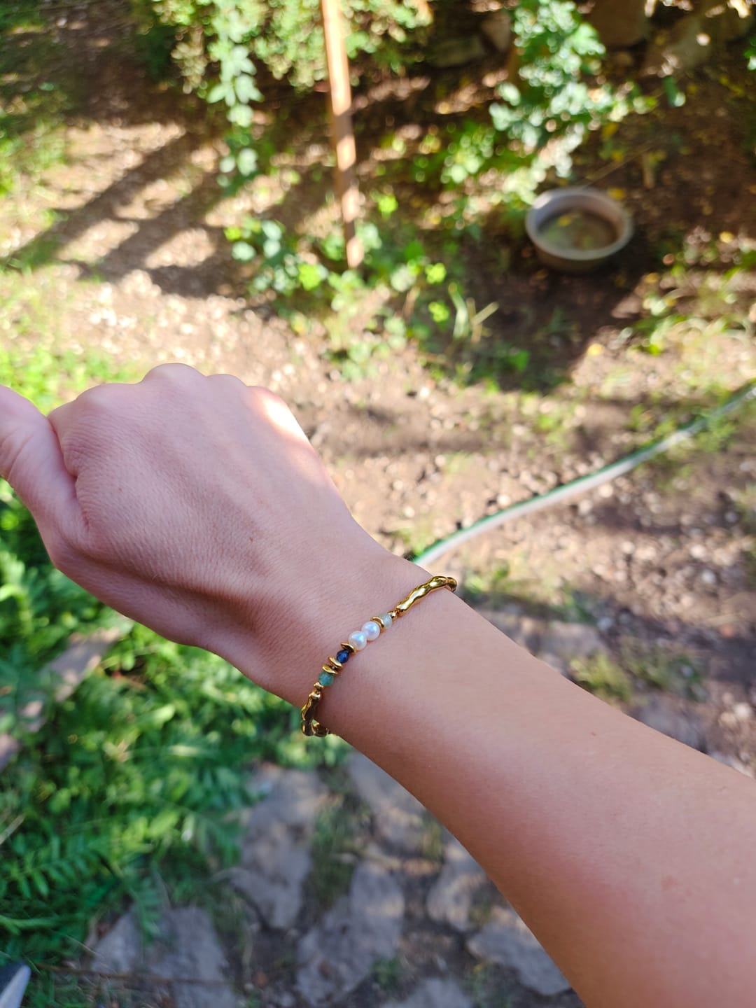 Customer photo review of Freshwater Pearl & Malachite Beaded Bracelet