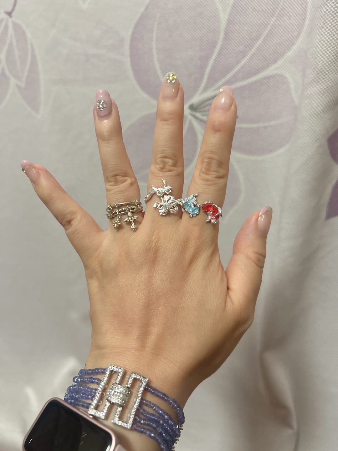 Customer photo review of "Bastet" 14K Gold Plated Iris Dangle Adjustable Ring, Statement Floral Jewelry
