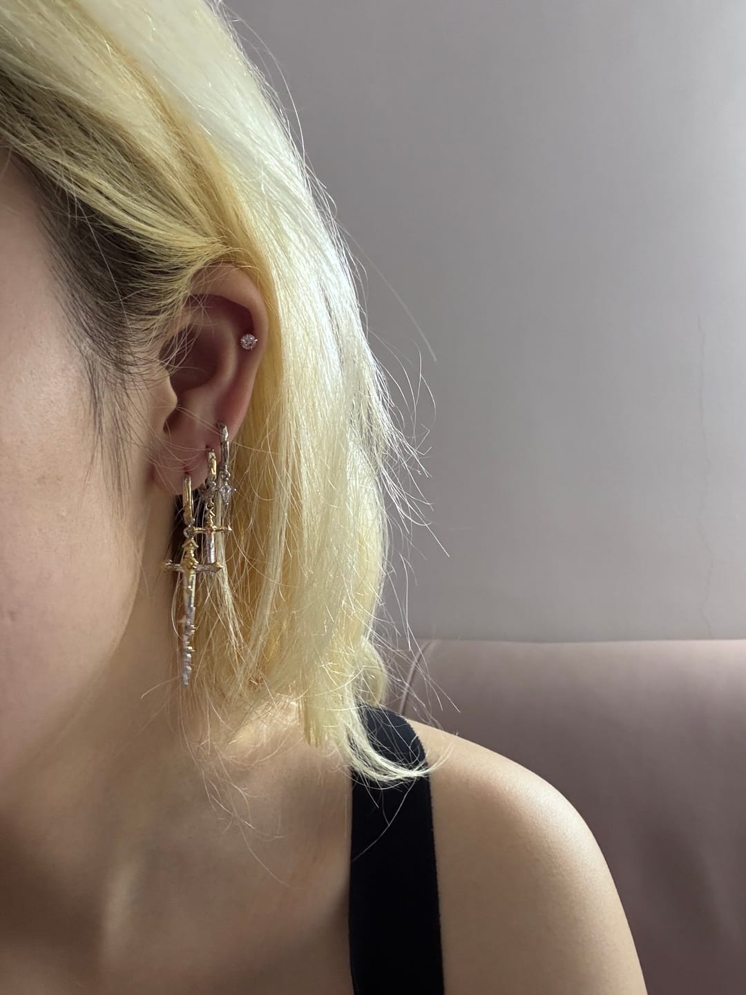Customer photo review of "Knight's Oath" 18K Gold Plated Sword Dangle Hoop Earrings