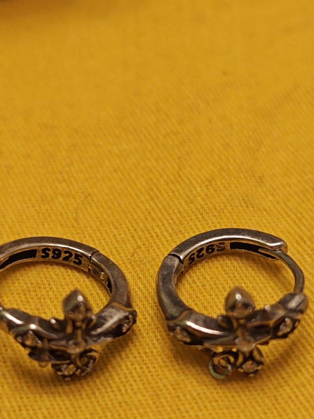 Customer photo review of "Irises" 925 Sterling Silver Vintage Cross Charm Huggie Hoop Earrings