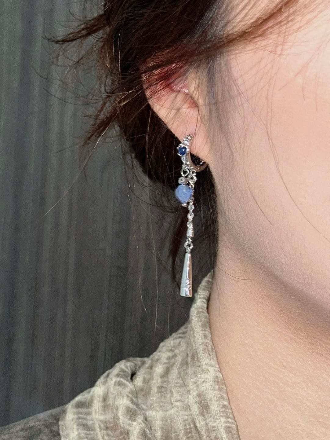 Customer photo review of "MIAO" Platinum Plated Blue Stone Tassel Hoop Earrings