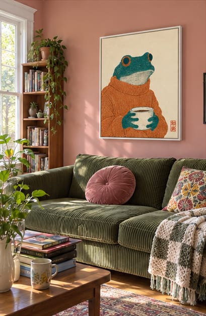 Customer photo review of Cozy Frog with Coffee Canvas Wall Art