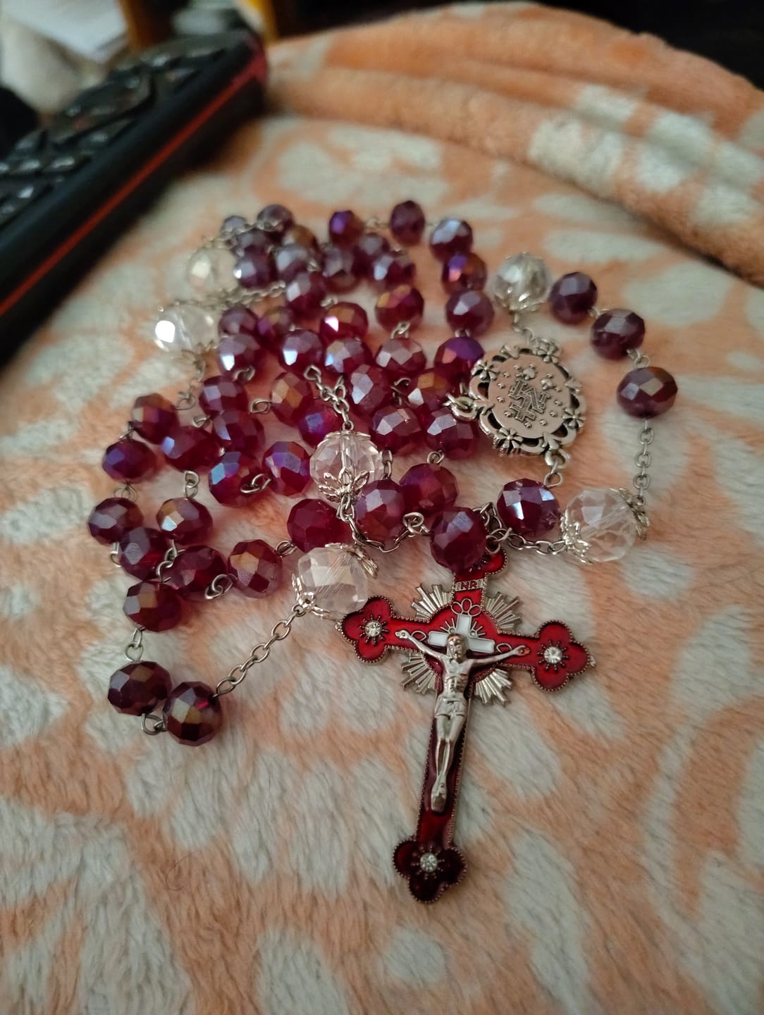 Customer photo review of SolaceBeads Red AB Crystal Rosary,  Miraculous Medal & Red Crucifix: Radiant Scarlet Shining Devotion
