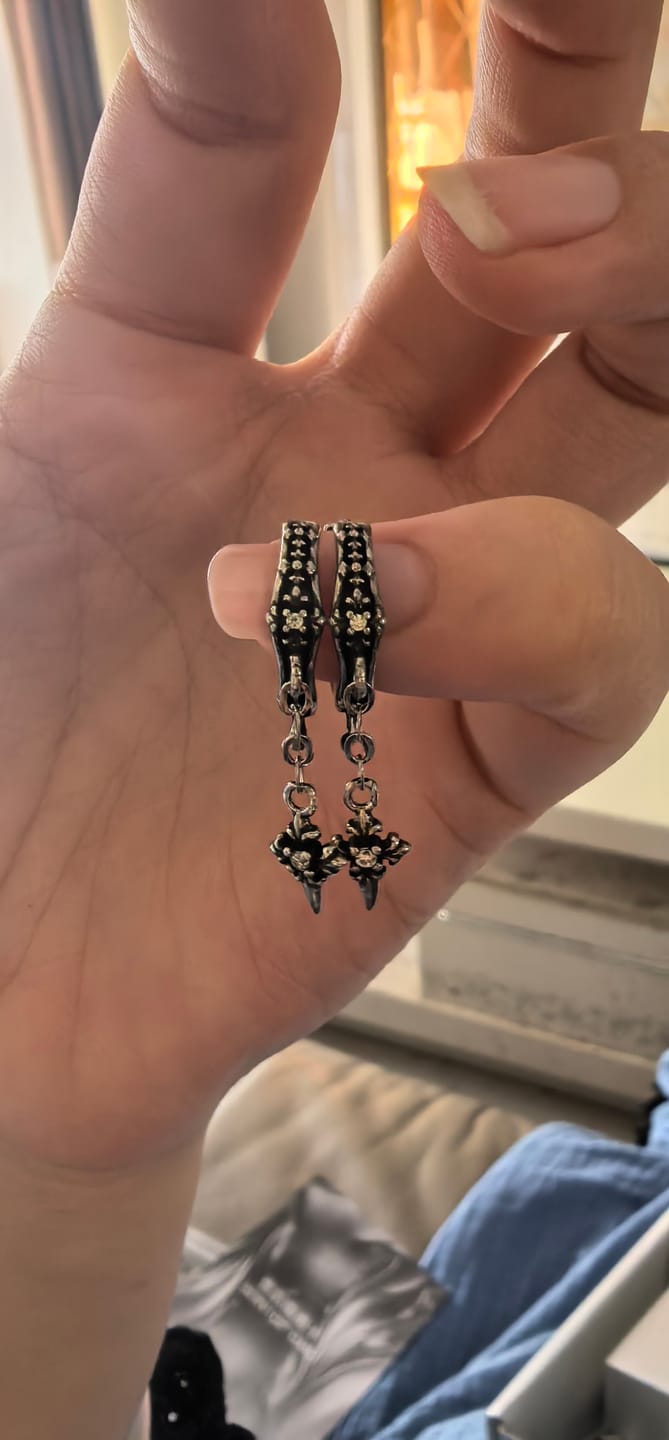 Customer photo review of "Irises" 925 Sterling Silver Gothic Oxidized Dangle Cross Earrings