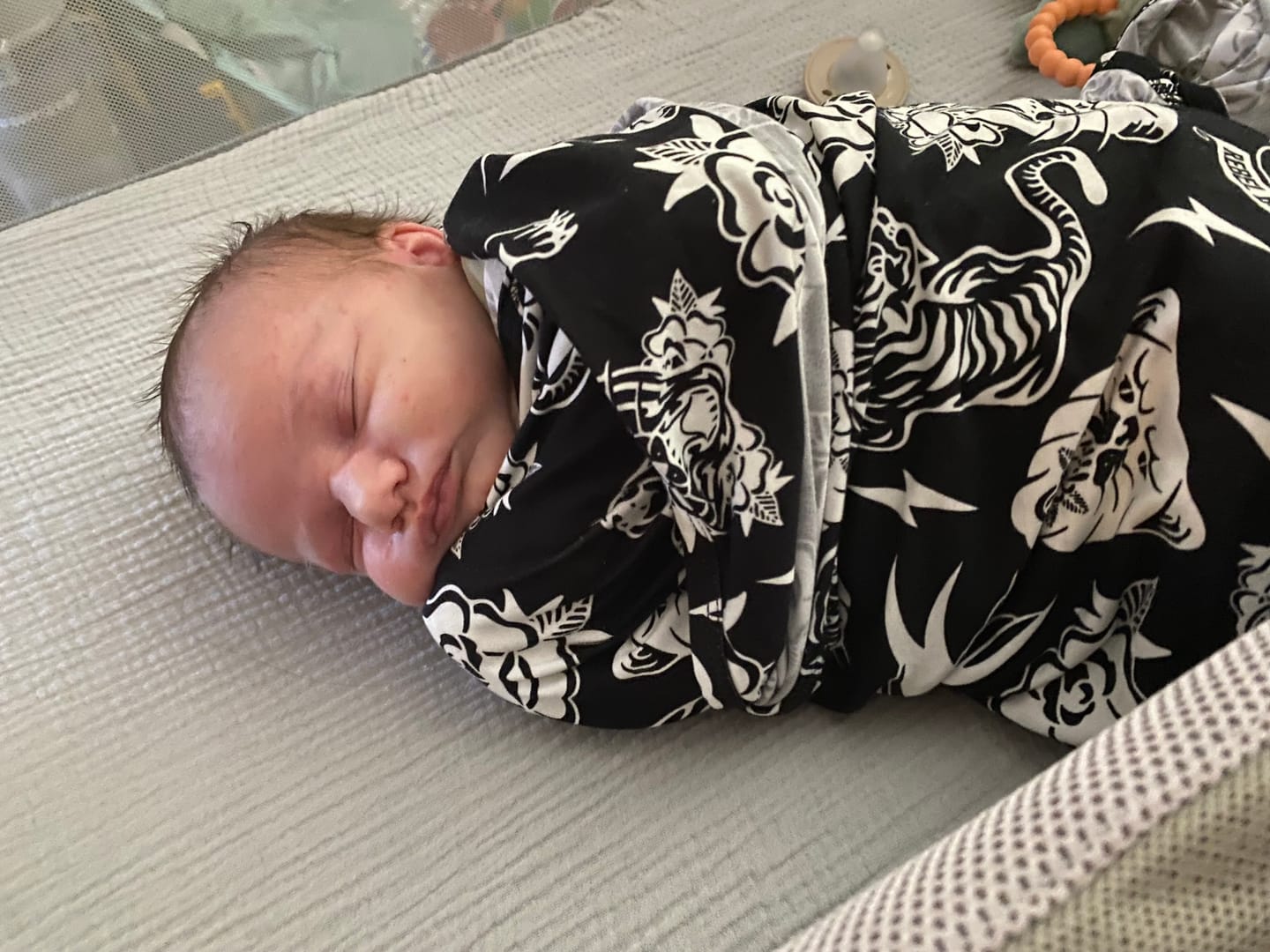 Customer photo review of Bamboo Stretch Swaddle in Born to be Wild