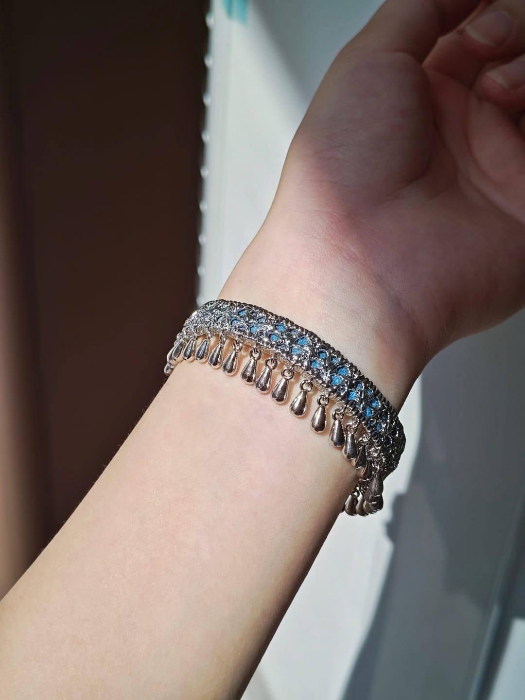 Customer photo review of "MIAO" Platinum Plated Ethnic Tie-Dye Tassel Bangle, Statement Cuff Bracelet