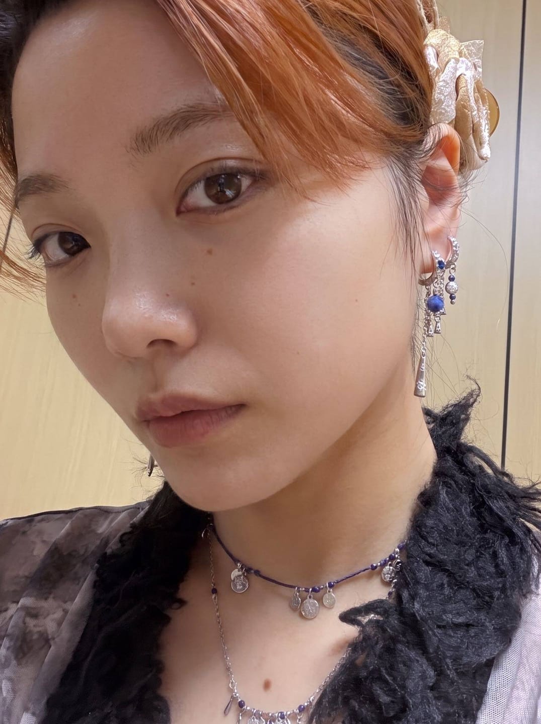 Customer photo review of "MIAO" Platinum Plated Blue Stone Tassel Hoop Earrings
