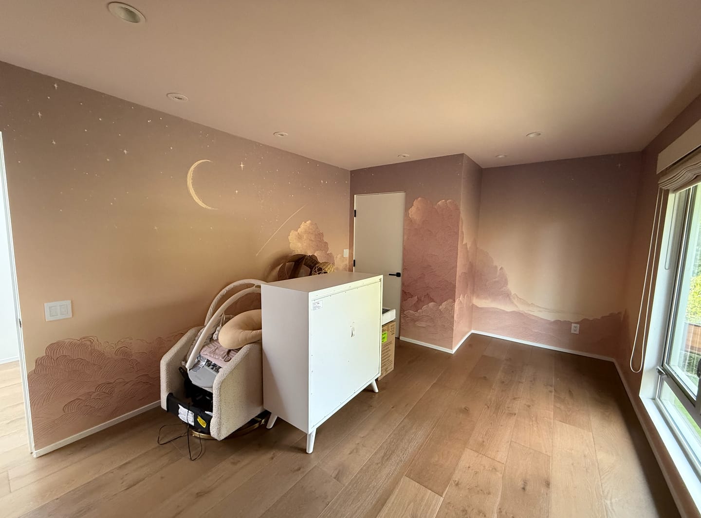 Customer photo review of Blush Pink Cloud and Crescent Moon Mural, Starry Sky Wall Mural for Nursery or Bedroom, Soft Dreamscape Wallpaper