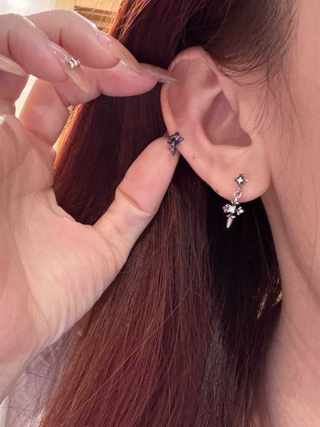 Customer photo review of "Irises" Rhodium Plated Vintage Floral Iris Drop Earrings