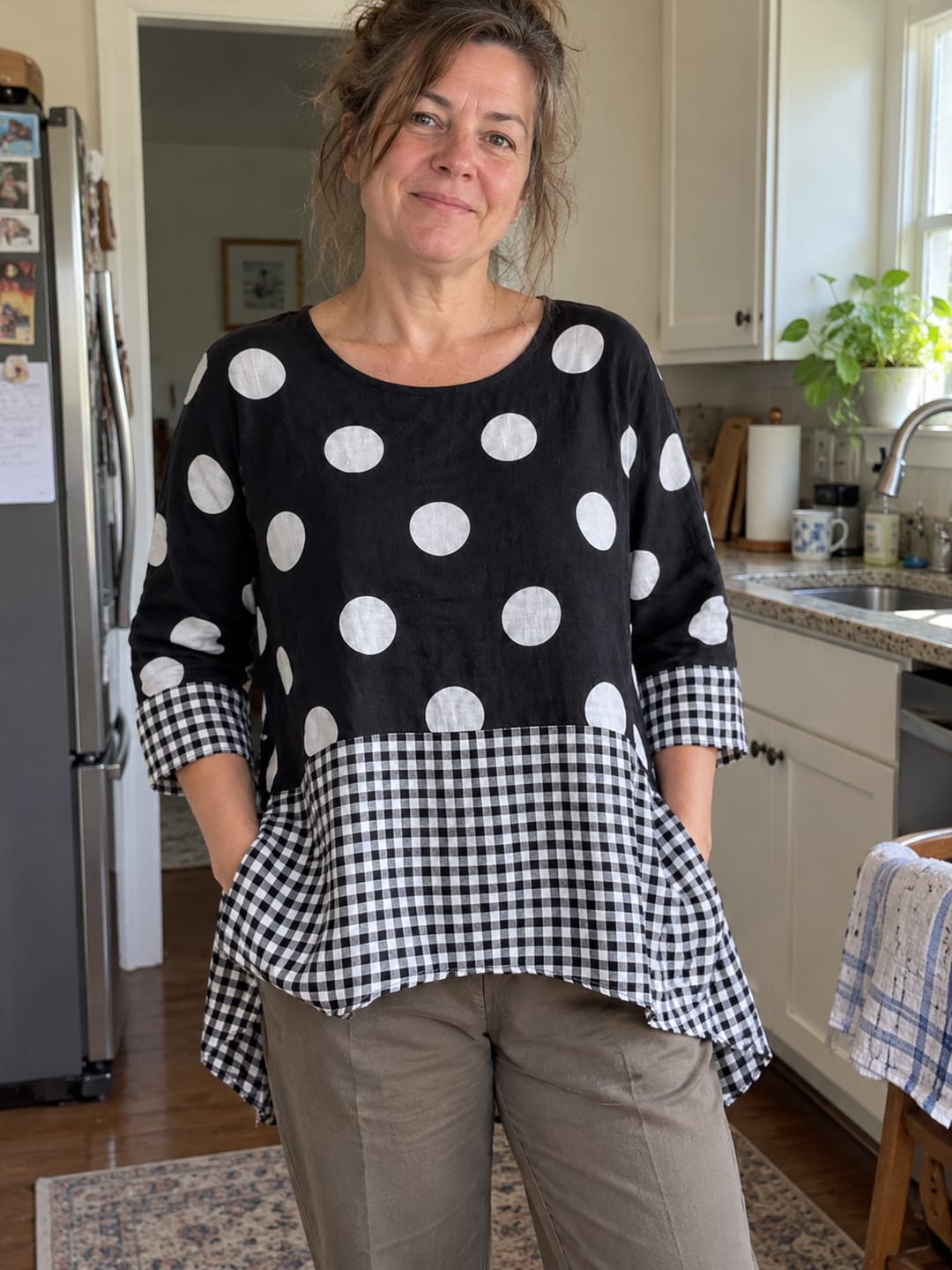 Customer photo review of Split-Joint Polka-Dot Plaid Contrast Color Three-quarter Sleeves High-low Round-neck Blouses&shirts Tops
