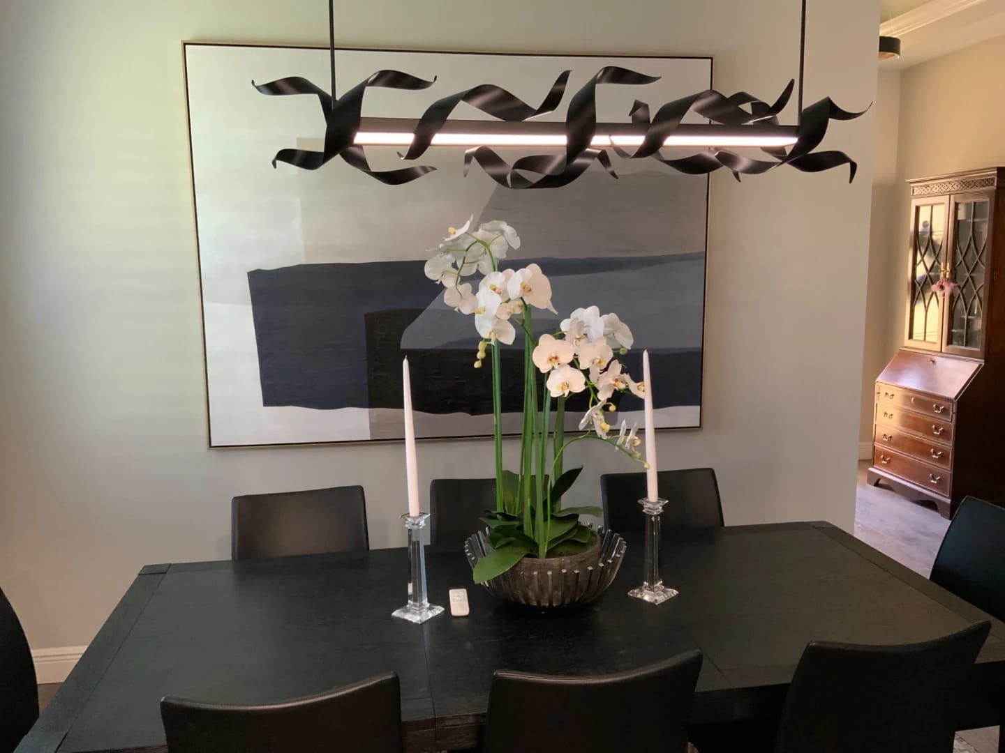 Customer photo review of Black Chandelier, Horizontal Steel Ribbons, Gold Inner Face, 97-155 cm