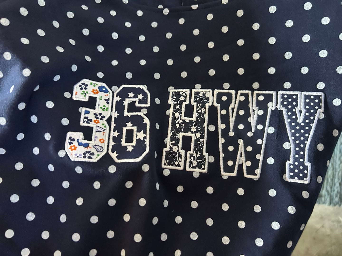 Customer photo review of Custom Patchwork Fabric Embroidered Polka Dot Sweatshirt Team and School Name Applique Varsity Letters | Game Day Wear