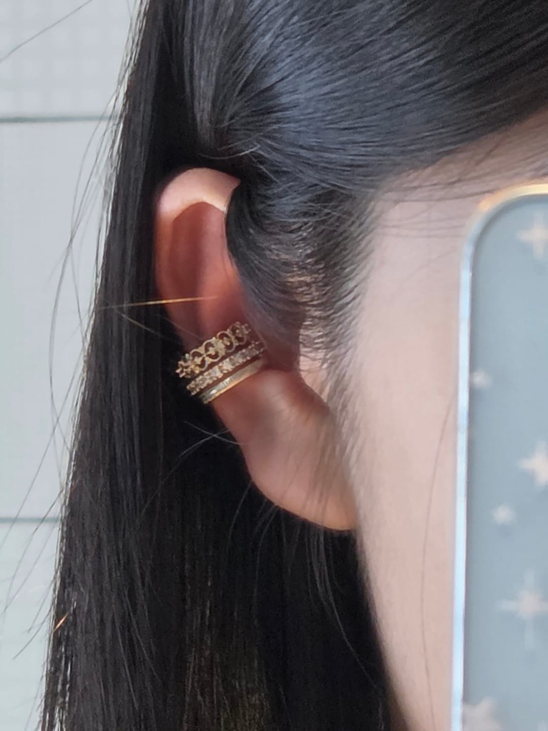 Customer photo review of "Bastet" 14K Gold Plated Vintage Iris Ear Cuffs, Statement Cartilage Earrings