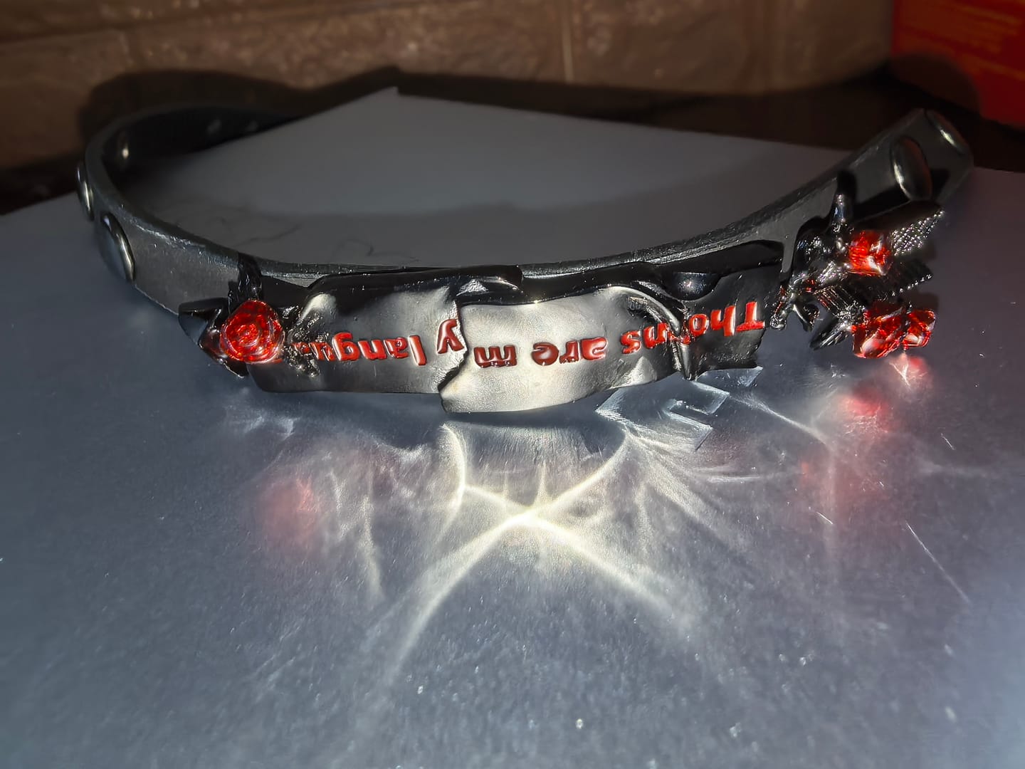 Customer photo review of "TWILIGHT ROSE" Black Gold Plated Thermochromic Rose Bow Choker, Gothic Leather Collar