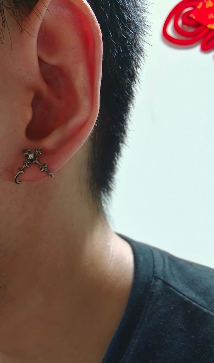 Customer photo review of "Irises" 925 Sterling Silver Oxidized Cross Stud Earrings, Vintage Style