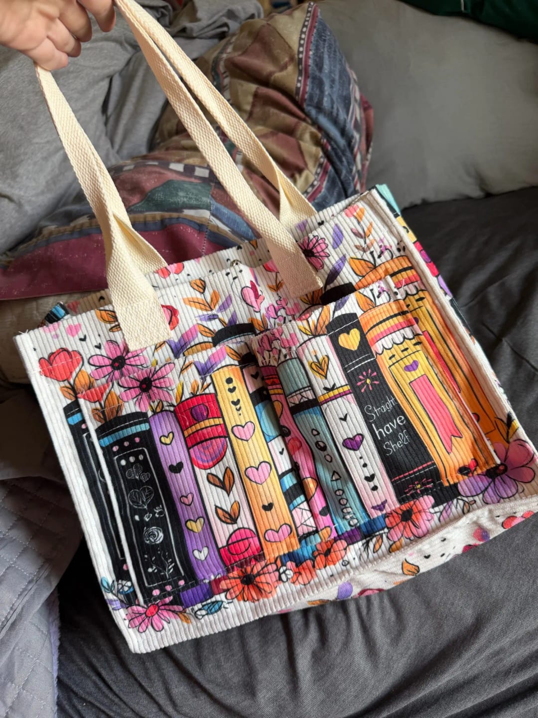 Customer photo review of Booked & Blooming Tote Bag