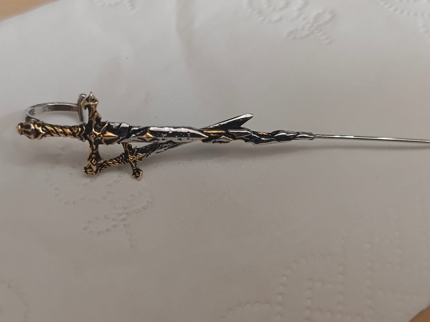 Customer photo review of "Knight's Oath" 18K Gold Plated Sword Needle Piercing Earring, Vintage Dangle Earring