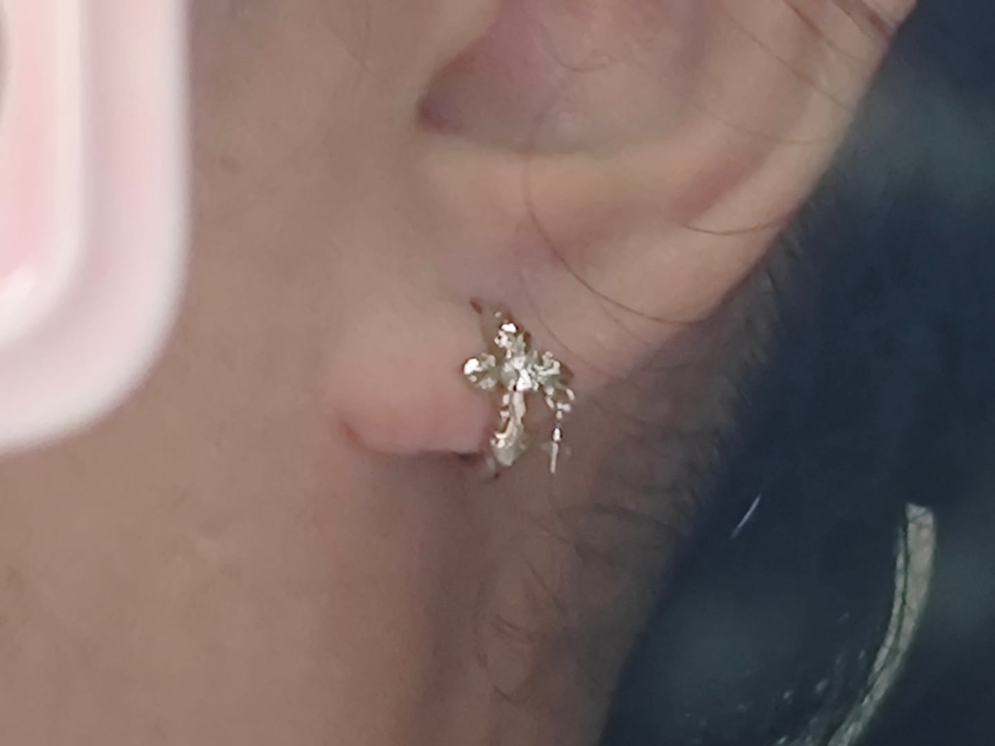 Customer photo review of "Bastet" 14K Gold Plated Fleur-de-Lis Hoop and Stud Earrings